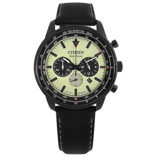 CITIZEN / 光動能 夜光錶盤 三眼計時 日期 小牛皮手錶 螢光綠x黑 / CA4505-21X / 44mm