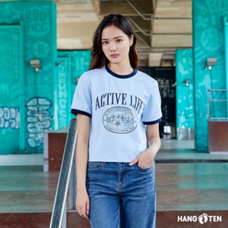 Hang Ten女裝-韓國同步款-撞色短版印花短袖T恤(多色選)