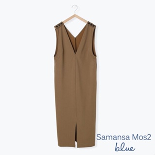 Samansa Mos2 blue 肩鈕扣設計V領連身背心洋裝(FG31L0H0180)