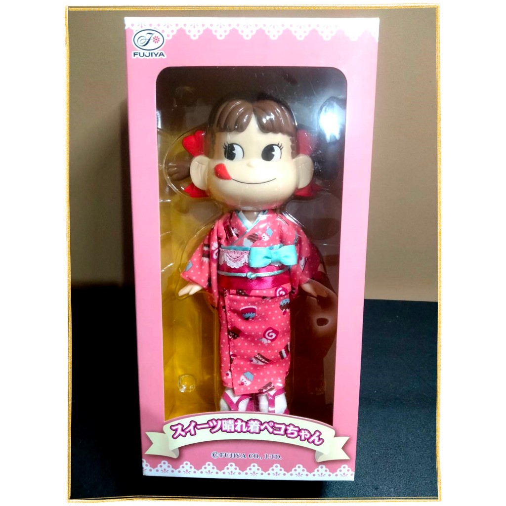 日本帶回早期正版絕版現貨-全新內裝未拆封-FUJIYA不二家PEKO牛奶妹晴之著和服人形公仔玩偶盒娃