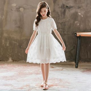 臺灣公司❤️開發票 韓版 小禮服 小花童 婚禮 音樂會 童裝女童 連身裙 女孩春秋長袖 白色網紗 蕾絲裙 中大童 公主裙