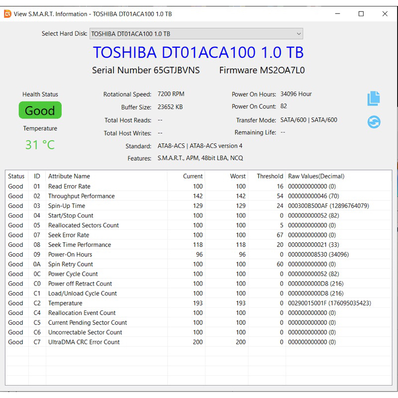 二手良品 Toshiba 東芝 硬碟 HDD 3.5吋 1TB 附SMART硬碟健康度 功能正常 保存良好
