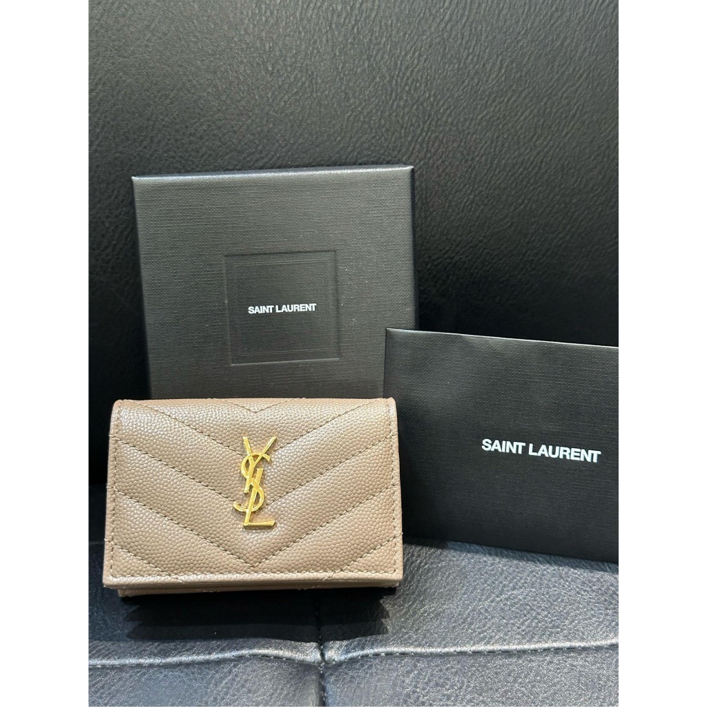 SAINT LAURENT YSL 小牛皮 荔枝紋 Min 三折短夾 零錢包 卡包 卡夾 義大利製