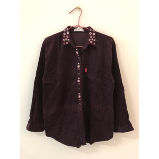 [二手衣著]復古紫色繡花領絨質長袖寬版襯衫/大尺碼/韓國製