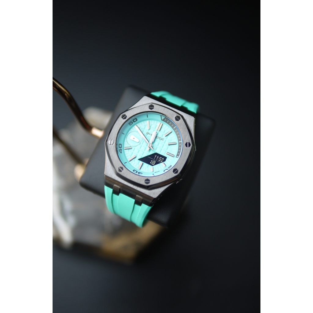 GA2100 農家橡樹改裝 第七代 離岸樣式 蒂芬妮面 灰框 不鏽鋼錶帶 氟橡膠錶帶 藍寶石鏡面 保護貼 透明殼
