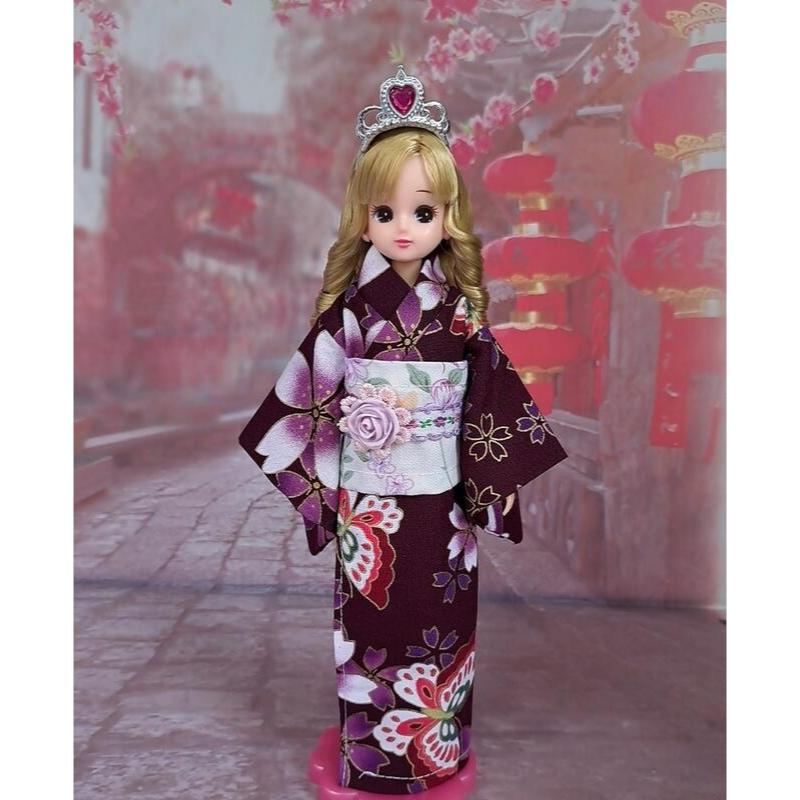 小禎ㄟ雜貨 莉卡娃娃服飾配件組 館主手製 莉卡和服 浴衣 娃娃和服 蝴蝶飛舞 紫色 ( 薇琪 小布 可穿)