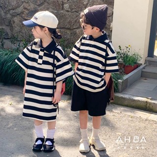 AHUA 阿華有事嗎 休閒黑白條紋POLO杉短袖上衣 洋裝兄妹裝童裝 TT0066 TT0067 可愛 童裝