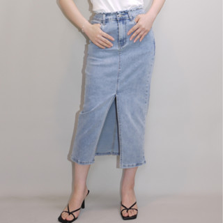 𝙎𝙋𝙊𝙏 韓標 彈力高腰顯瘦前開衩牛仔長裙 實拍 嬌小女孩 高腰 顯瘦 前開衩 A字長裙 超彈性 牛仔長裙 腰頭不收邊