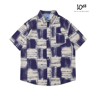 『1068』滿版 格紋 口袋 漸層 夏威夷 短衫 美式 街頭 寬鬆 落肩 休閒 情侶 短袖襯衫 襯衫【A89003】