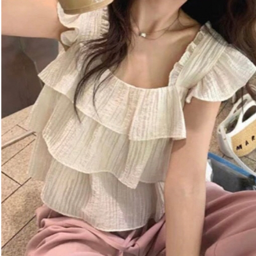 [FW潮流服飾]皺皺方領蛋糕上衣 韓國製 夏季新款 熱賣 背心 無袖 上衣 女裝 氣質風 甜美風 荷葉邊 方領 蛋糕上衣