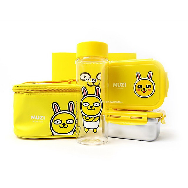 S 【現貨】❤️韓國 KAKAO FRIENDS 黃色醃蘿蔔 MUZI 防漏樂扣蓋方形便當盒2入&amp;直飲式水壺+手提袋