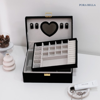 <Porabella>新款質感條紋絨布首飾盒珠寶盒 心形鏡子飾品盒 飾品戒指項鍊耳環耳夾收納 展示架展示收納盒