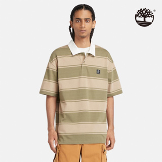 Timberland 男款灰綠色條紋短袖Polo衫|A42E5B39