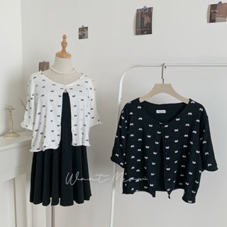 Want-Meow招財貓旺鋪/臺灣現貨/90公斤可穿/韓系設計款木耳邊短袖滿小蝴蝶結小外套上衣