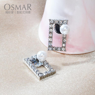 絢彩家【OSMAR】氣質珍珠簍空鑲鑽方形 無耳洞黏貼式耳環 附10對貼紙補充包