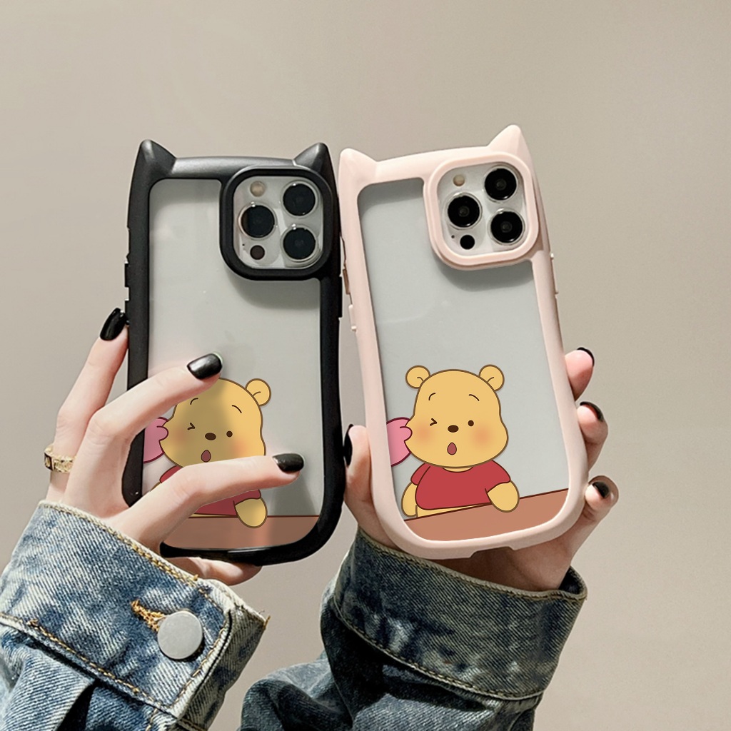 創意貓耳朵手機殼 iPhone15 Pro 捏臉維尼熊 適用於蘋果14 13手機殼12 11貓耳朵保護套