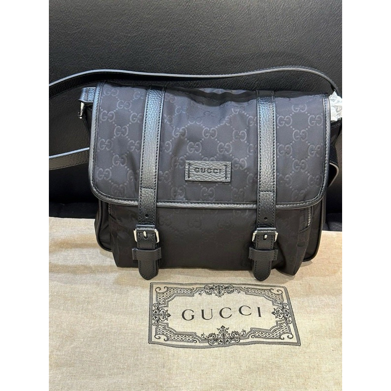 ☄️正品☄️ GUCCI 古馳 雙G 緹花 尼龍 拼牛皮 雙釦帶 斜背 郵差 包  510335