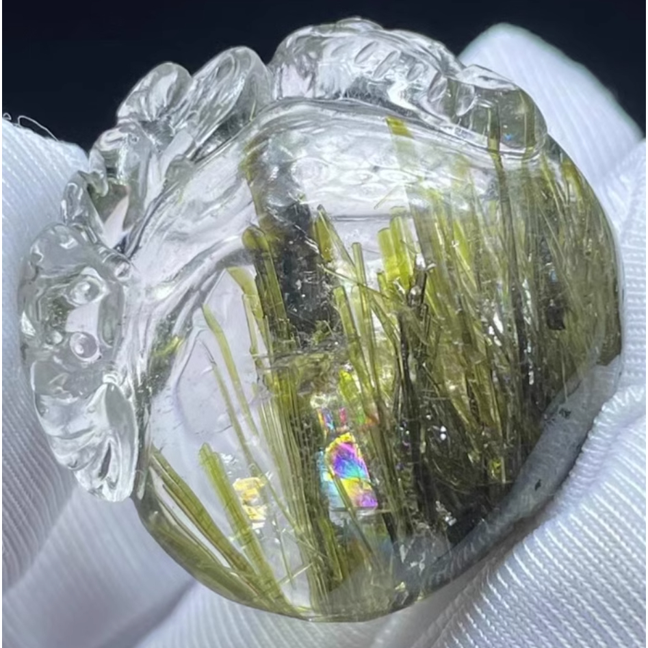 天然水晶包裹體綠碧璽礦物雕刻福在眼前飾品項鍊掛件吊墜一物一圖