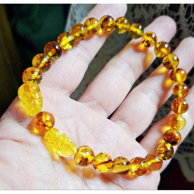 <雙貔貅>天然「花珀」之「金珀」雙貔貅手珠/花珀，金珀，琥珀手珠，琥珀，琥珀貔貅，貔貅，貔貅手珠，琥珀貔貅手珠，石頭王