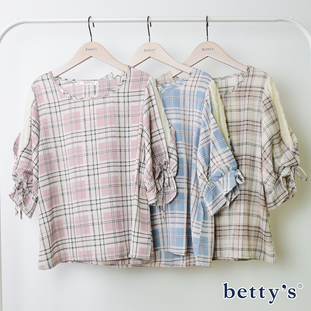 betty’s貝蒂思(05)蕾絲袖綁帶格紋上衣(共三色)