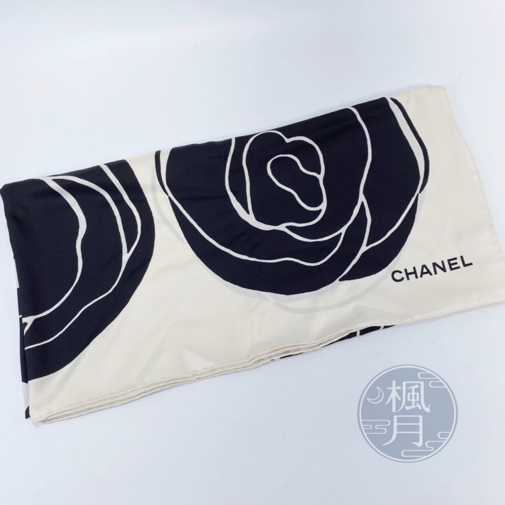 CHANEL 香奈兒 黑白山茶花絲巾 90X90 TWILLY 絲巾 綁帶 精品配件 品牌配飾 包包配件 服飾配件