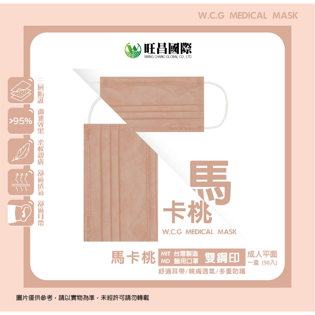 【旺昌國際】  《新色》  馬卡桃 台灣製造 成人 醫療口罩 (50入一盒)