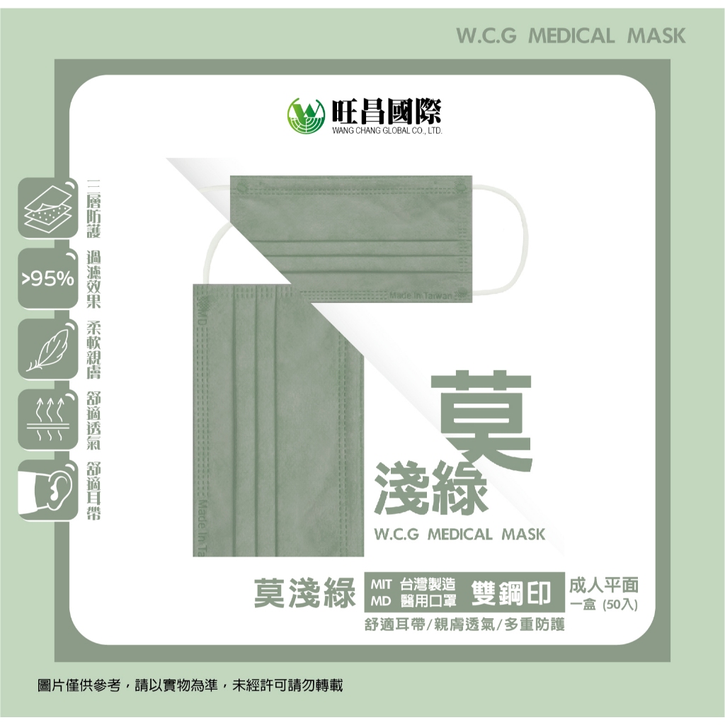 【旺昌國際】  《新色》  莫淺綠 台灣製造 成人 醫療口罩 (50入一盒)  #新色