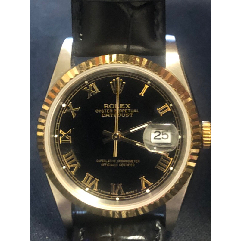 特價 二手港錶 港勞 機械錶 古董錶 DateJust 16233  黑羅馬面盤 皮帶款 包K金外圈龍頭 錶徑36mm