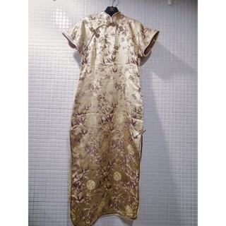 復古風/金黃色/花朵/旗袍/禮服/洋裝/Size:XL/適合秀場主持人/宴會/婚宴生日party Cosplay