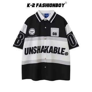 【K-2】UNSHAKABLE 1987 撞色襯衫 賽車風 短袖襯衫 穿搭 帥氣 潮流 街舞 男女不拘【HSE12】