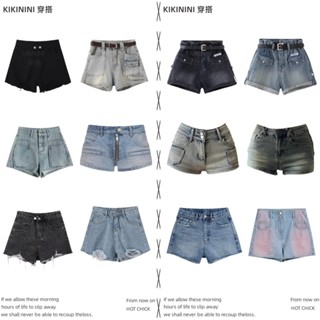 【kikinini】美式高腰牛仔短褲 休閒短褲 a字短褲 運動短褲 黑色短褲 女生短褲 顯瘦短褲 熱褲 大尺碼短褲 低腰