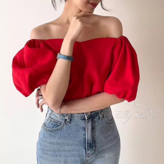 【Elly.Studio】❤️現貨❤️法式輕熟一字領泡泡袖上衣(藍/紅)不是牛仔材質~氣質平口