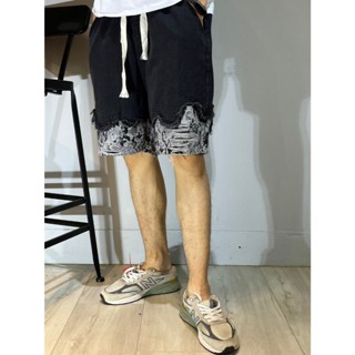【S-mans單品】特殊刺繡拼布 黑色寬版牛仔褲 水洗 拼接 寬褲 伸縮腰帶