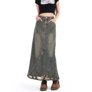 牛仔裙 半身裙 中長款 S-3XL 新款港風復古a字裙牛仔半身裙女顯瘦設計感破洞NA28-A--65401.衣時尚