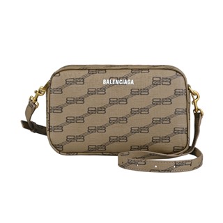 BALENCIAGA燙印字母LOGO滿版印花PVC圖案塗層帆布拉鍊斜背相機包(小/淺棕x深咖啡)
