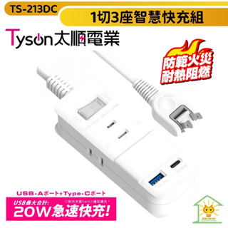 【TYSON 太順電業】1切3座USB A+C 20W智慧快充組 TS-213DC 迅睿生活