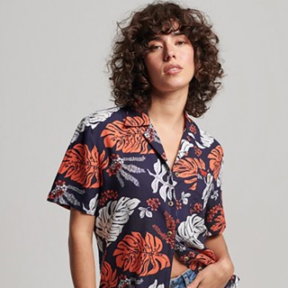 【SUPERDRY】女裝 短袖 襯衫 質感花襯衫 Vintage Beach Resort 橘藍