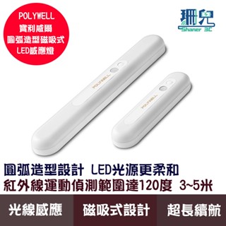 POLYWELL 寶利威爾 圓弧造型磁吸式LED感應燈 USB充電 自動人體感應 單色溫 亮度可調 光線柔和