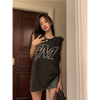【西西比】復古水洗 做舊無袖背心 t恤 女 寬鬆上衣 夏季休閒風 美式復古背心 英文印花