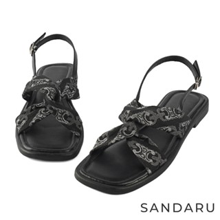 山打努SANDARU-涼鞋 復古扭結圖騰布平底涼鞋 大尺碼