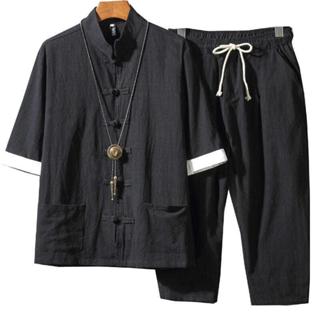 大碼唐裝 亞麻套裝 中國風唐裝 夏季七分袖套裝 男士棉麻漢服 中山裝 盤扣外套 寬松 薄款 襯衣外套 唐裝套裝 七分褲