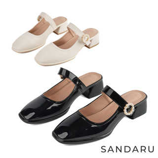 山打努SANDARU-穆勒鞋 珍珠釦飾真皮瑪莉珍跟鞋