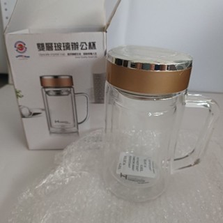 家魔仕雙層辦公杯HM-3568 380ml 可泡茶304不鏽鋼濾網把手造型玻璃杯飲料杯直徑7.5 高14.7