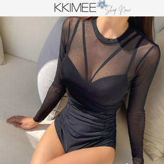 KKimee╭＊比基尼連身泳衣連身泳裝【深V+罩衫】【SF643】大尺碼 2XL 半透罩衫 BIKINI 溫泉 游泳衣