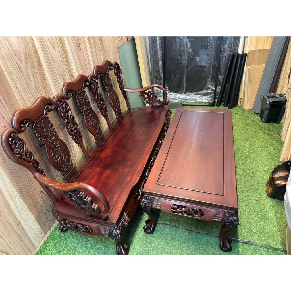 紅木 花梨木 雕刻龍椅 虎腳椅五件組/太師椅/原木椅/戰國椅/木沙發/實木椅/木椅組/客廳沙發A6857【晶選二手傢俱】