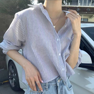 愛依依 長袖襯衫 防曬衫 短條紋上衣 M-XL夏季氣質條紋襯衫短款防曬襯衫MB102-8519.
