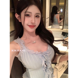 KIKIFAME🤍六色 純欲仙氣系! 睫毛蕾絲拼接吊帶背心 針織背心 蕾絲背心 蕾絲上衣 短版背心 性感背心 合身上衣