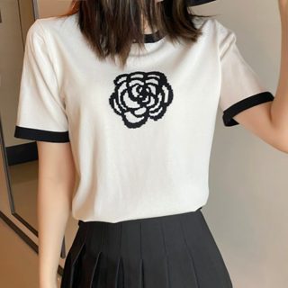 愛依依 針織衫冰絲短袖T恤 圓領上衣 新款高階感小眾設計上衣氣質短袖針織打底衫TBF19.1668