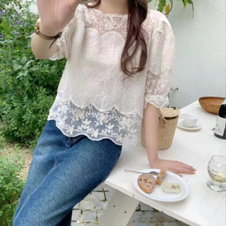 胖胖美依 上衣 襯衫 雪紡衫 韓版夏圓領透視泡泡短袖襯衫上衣蕾絲繡花上衣1F022-00173.