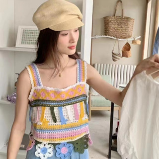 胖胖美依 上衣 背心 吊帶 民族風鉤花刺繡針織吊帶背心寬鬆設計感夏季短上衣1F022-00171.